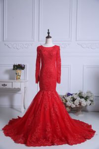 Nice Scoop Long Sleeves Court Train Zipper Prom Dress Red Tulle