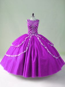 Traditional Floor Length Purple Quinceanera Gowns Scoop Sleeveless Zipper