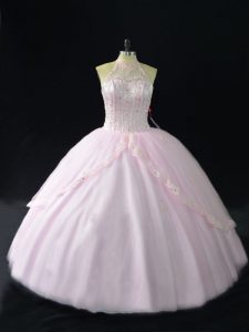 Custom Fit Tulle Halter Top Sleeveless Beading and Appliques Ball Gown Prom Dress in Pink 