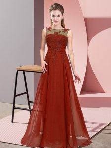  Rust Red Empire Scoop Sleeveless Chiffon Floor Length Zipper Beading and Appliques Court Dresses for Sweet 16
