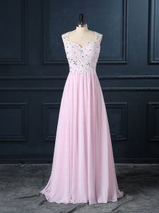  Baby Pink Cap Sleeves Floor Length Beading and Lace Backless Homecoming Dress