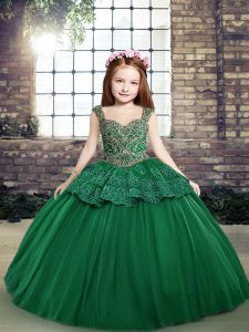 Stylish Dark Green Tulle Lace Up Straps Sleeveless Floor Length Child Pageant Dress Beading and Lace