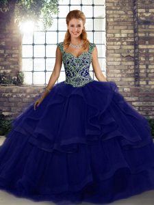 Ideal Purple Tulle Lace Up Sweet 16 Dresses Sleeveless Floor Length Beading and Ruffles