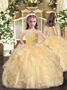 Adorable Sleeveless Organza Floor Length Lace Up Little Girls Pageant Dress Wholesale in Gold with Beading and Ruffles