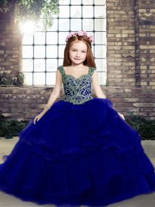  Sleeveless Organza Floor Length Lace Up Little Girls Pageant Dress Wholesale in Royal Blue with Beading and Ruffles