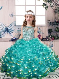 Hot Sale Scoop Sleeveless Lace Up Kids Pageant Dress Teal Organza