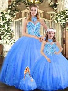 Exquisite Blue Sleeveless Tulle Lace Up Quinceanera Gown for Sweet 16 and Quinceanera