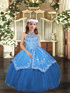 Fantastic Blue Sleeveless Floor Length Embroidery Lace Up Pageant Gowns For Girls