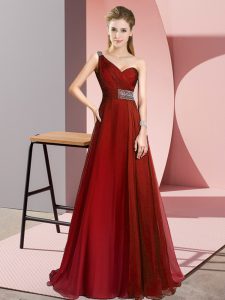Elegant Wine Red One Shoulder Criss Cross Beading Prom Party Dress Brush Train Sleeveless