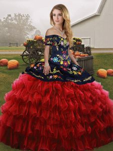 Admirable Floor Length Red And Black Quinceanera Gown Organza Sleeveless Embroidery and Ruffled Layers