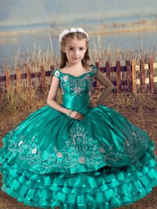 Most Popular Floor Length Turquoise Girls Pageant Dresses Satin and Organza Sleeveless Embroidery and Ruffled Layers
