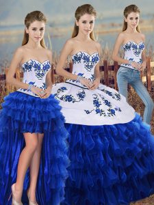 On Sale Royal Blue Sweetheart Neckline Embroidery and Ruffled Layers and Bowknot Quince Ball Gowns Sleeveless Lace Up