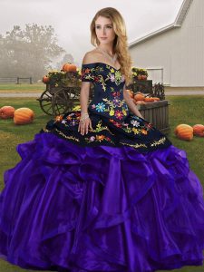  Embroidery and Ruffles Sweet 16 Dresses Black And Purple Lace Up Sleeveless Floor Length