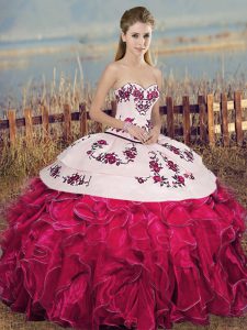 Latest Fuchsia Ball Gowns Embroidery and Ruffles and Bowknot Quince Ball Gowns Lace Up Organza Sleeveless Floor Length