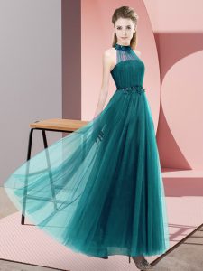  Empire Dama Dress Teal Halter Top Tulle Sleeveless Floor Length Lace Up