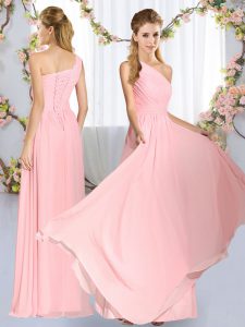 Best Baby Pink Sleeveless Floor Length Ruching Lace Up Quinceanera Court Dresses