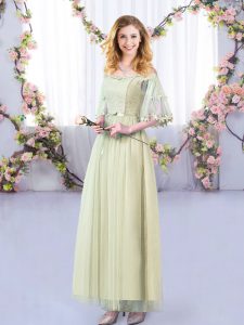  Yellow Green Half Sleeves Lace and Belt Floor Length Court Dresses for Sweet 16