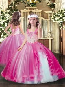  Hot Pink Lace Up Little Girls Pageant Dress Beading Sleeveless Floor Length