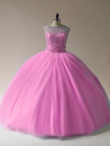  Scoop Sleeveless Lace Up Quince Ball Gowns Baby Pink Tulle