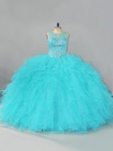  Aqua Blue Ball Gowns Tulle Scoop Sleeveless Beading and Ruffles Floor Length Lace Up Quinceanera Dresses