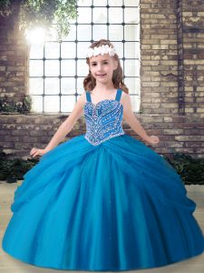  Blue Sleeveless Beading Floor Length Kids Pageant Dress