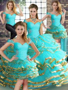 Trendy Aqua Blue Quinceanera Gown Military Ball and Sweet 16 and Quinceanera with Beading and Ruffled Layers Off The Shoulder Sleeveless Lace Up