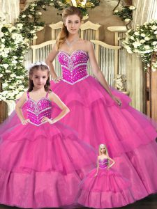  Hot Pink Sweetheart Neckline Beading Quinceanera Gown Sleeveless Lace Up
