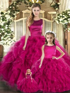  Floor Length Lace Up Sweet 16 Quinceanera Dress Fuchsia for Military Ball and Sweet 16 and Quinceanera with Ruffles