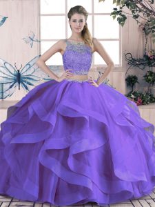 New Arrival Purple Lace Up Scoop Beading and Ruffles Sweet 16 Dress Tulle Sleeveless