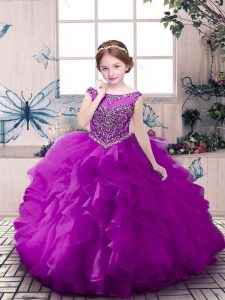  Sleeveless Organza Floor Length Zipper Kids Pageant Dress in Purple with Beading and Ruffles