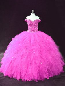 Graceful Fuchsia Sleeveless Tulle Lace Up Sweet 16 Dresses for Sweet 16 and Quinceanera