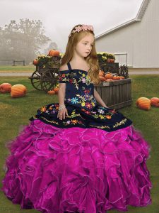  Fuchsia Straps Lace Up Embroidery and Ruffles Child Pageant Dress Sleeveless