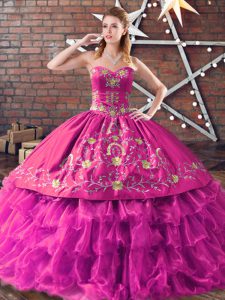 Elegant Fuchsia Sweetheart Lace Up Embroidery Quinceanera Dresses Sleeveless