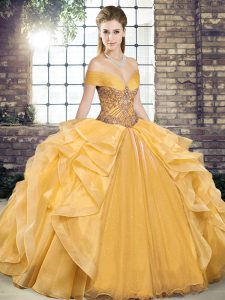Adorable Floor Length Ball Gowns Sleeveless Gold 15 Quinceanera Dress Lace Up
