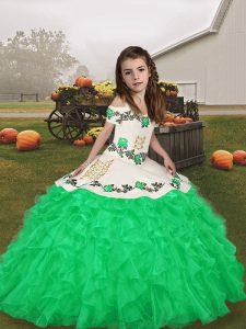 Exquisite Floor Length Lace Up Little Girls Pageant Dress Green for Party and Wedding Party with Embroidery and Ruffles
