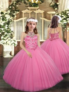  Rose Pink Sleeveless Tulle Lace Up Little Girls Pageant Gowns for Party and Sweet 16 and Wedding Party