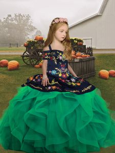  Sleeveless Tulle Floor Length Lace Up Kids Formal Wear in Turquoise with Embroidery and Ruffles