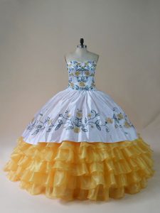 Dazzling Yellow And White Ball Gowns Sweetheart Sleeveless Organza Floor Length Lace Up Embroidery and Ruffled Layers Quinceanera Gown