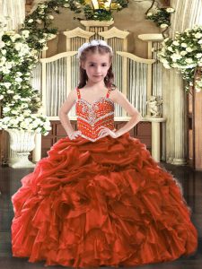  Rust Red Lace Up Little Girls Pageant Gowns Beading and Ruffles Sleeveless Floor Length