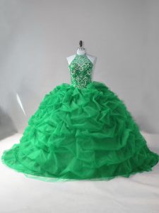  Tulle Halter Top Sleeveless Court Train Lace Up Beading and Pick Ups 15th Birthday Dress in Green