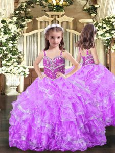 Stunning Floor Length Lace Up Little Girls Pageant Dress Lilac for Party and Sweet 16 and Wedding Party with Beading and Ruffles