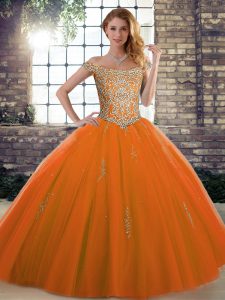  Floor Length Lace Up Sweet 16 Dress Orange Red for Military Ball and Sweet 16 and Quinceanera with Beading