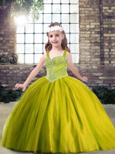 Luxurious Olive Green Tulle Lace Up Straps Sleeveless Floor Length Girls Pageant Dresses Beading