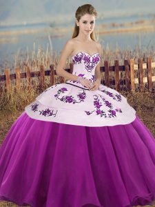 Attractive Floor Length Lace Up Ball Gown Prom Dress White And Purple for Military Ball and Sweet 16 and Quinceanera with Embroidery and Bowknot