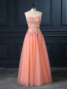 Enchanting Tulle Sleeveless Floor Length Dress for Prom and Lace and Appliques