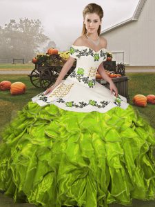  Off The Shoulder Sleeveless Vestidos de Quinceanera Floor Length Embroidery and Ruffles Olive Green Organza