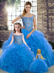 Chic Off The Shoulder Sleeveless Ball Gown Prom Dress Brush Train Beading and Ruffles Blue Tulle