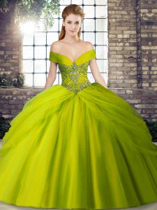  Olive Green Tulle Lace Up Off The Shoulder Sleeveless Quinceanera Gown Brush Train Beading and Pick Ups