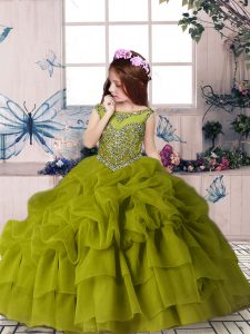  Floor Length Olive Green Little Girls Pageant Dress Organza Sleeveless Beading and Pick Ups