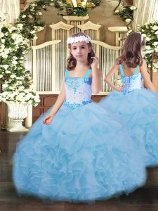  Blue Ball Gowns Beading and Ruffles and Pick Ups Little Girl Pageant Gowns Lace Up Organza Sleeveless Floor Length